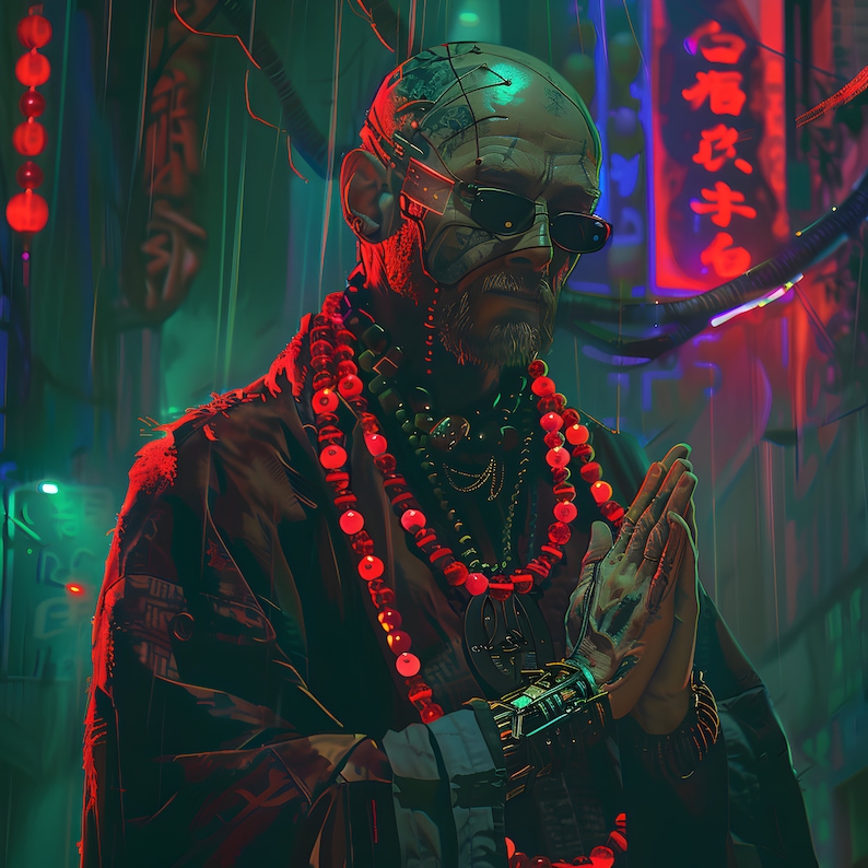 May include: A futuristic image of a bald person with cybernetic enhancements, wearing sunglasses and a dark robe. They are adorned with multiple beaded necklaces and have their hands clasped in prayer. The background features neon lights and Asian characters.