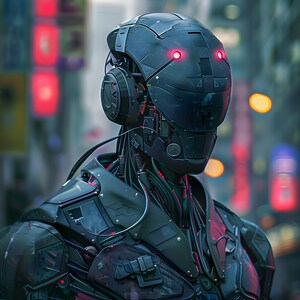 May include: A detailed image of a futuristic robot with a black helmet and body armor. The robot has red glowing eyes and intricate wiring. The background is blurred, suggesting an urban environment.