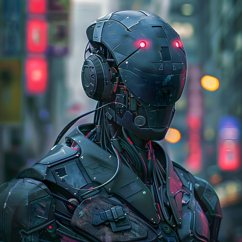 May include: A detailed image of a futuristic robot with a black helmet and body armor. The robot has red glowing eyes and intricate wiring. The background is blurred, suggesting an urban environment.