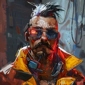 May include: Digital art portrait of a man with a mohawk, mustache, and beard, wearing futuristic sunglasses and a yellow jacket. The image has a cyberpunk aesthetic with red and blue lighting, and tech details.