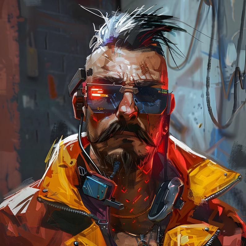 May include: Digital art portrait of a man with a mohawk, mustache, and beard, wearing futuristic sunglasses and a yellow jacket. The image has a cyberpunk aesthetic with red and blue lighting, and tech details.