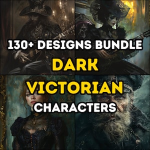 Op de afbeelding: Een bundel digitale illustraties met meer dan 130 ontwerpen van donkere Victoriaanse personages. De afbeelding toont vier personages: een man in een hoge hoed die gitaar speelt, een vrouw in een lange jurk en hoed, een vrouw in een lange jurk met een kantkraag en een man met een baard en een kapiteinsmuts.