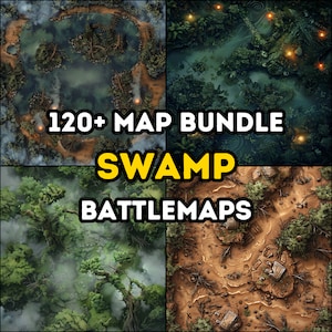 120+ Battle Maps-bundel met moerasthema, Dungeons and Dragons, ISO, High Detail Bundle, Varied Terrains, campagne, bovenaanzicht luchtfoto, moerassig