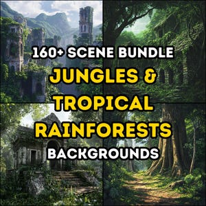Puede incluir: Un collage digital de cuatro imágenes que representan exuberantes junglas verdes y selvas tropicales. El texto "160+ SCENE BUNDLE JUNGLES & TROPICAL RAINFORESTS BACKGROUNDS" se superpone a las imágenes.