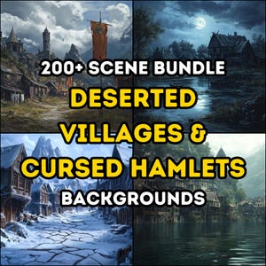 Puede incluir: Una ilustración digital de un paquete de escenas con más de 200 fondos de aldeas desiertas y aldeas malditas. La imagen muestra cuatro escenas diferentes: una aldea nevada, una aldea junto a un lago, una aldea con una torre y una aldea con un río.