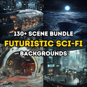 Puede incluir: Un collage de cuatro fondos futuristas de ciencia ficción. La imagen superior izquierda muestra una nave espacial con un exterior de vidrio. La imagen superior derecha muestra un paisaje oscuro y rocoso con un cráter y una luna brillante en el cielo. La imagen inferior izquierda muestra un túnel futurista con una alfombra roja que conduce a una puerta. La imagen inferior derecha muestra una sala de control futurista con una gran pantalla que muestra un horizonte urbano.