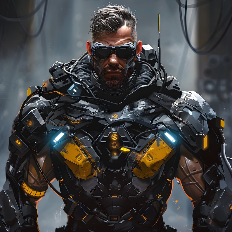 May include: A futuristic figure in a black and yellow armored suit with glowing blue accents. The person is wearing dark goggles and has a short, styled haircut. The image has a sci-fi theme.