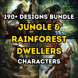 May include: A digital illustration bundle of 190+ jungle and rainforest dweller characters. The illustrations feature a variety of people, animals, and plants in a lush green setting.