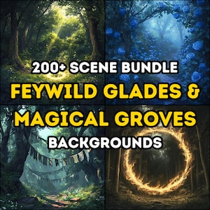 Puede incluir: Un paquete digital de arte con más de 200 fondos de bosque de fantasía. Las imágenes presentan claros mágicos, portales brillantes y arboledas encantadas. Perfecto para crear escenas caprichosas.