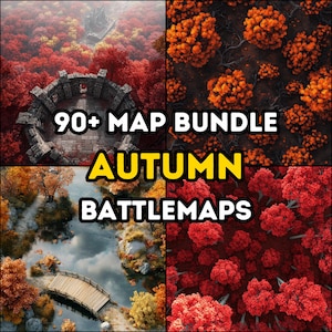 Pacote com mais de 90 mapas de batalha de outono, Dungeons and Dragons, RPG, Iso, alto nível de detalhes, terrenos de outono, vilas de colheita, trilhas na floresta