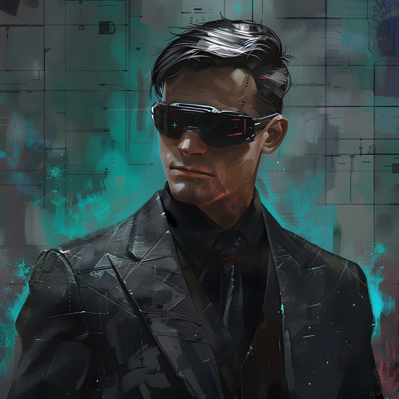 May include: Digital art of a person in a black suit and tie, wearing futuristic black glasses with red and green accents. The background features a teal and gray abstract design, creating a cyberpunk aesthetic.