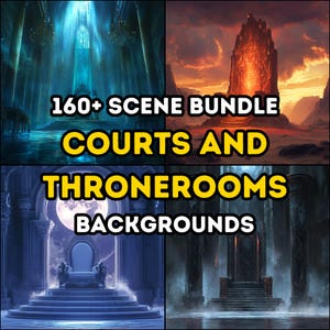 Puede incluir: Un paquete digital de ilustraciones de más de 160 fondos de fantasía con patios y salas del trono. Las imágenes representan diferentes escenas con diferentes iluminaciones, colores y estilos arquitectónicos.
