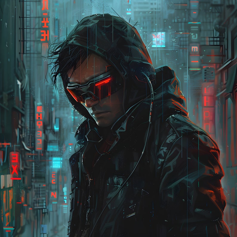 May include: Digital art of a person in a futuristic cityscape. The person wears a black hooded jacket and red-lensed glasses. Neon signs and digital elements are visible in the background, creating a cyberpunk aesthetic.