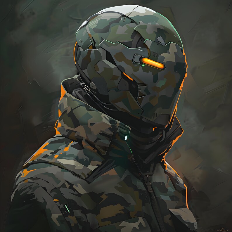 May include: Digital art of a futuristic figure in a camouflage-patterned helmet and jacket. The helmet has a sleek, angular design with an orange glowing visor. The jacket has a zipper and is also in a camouflage pattern. The overall aesthetic is futuristic and military-inspired.
