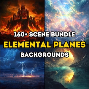 Puede incluir: Un collage de cuatro imágenes que representan diferentes planos elementales. La imagen superior izquierda muestra un castillo en llamas sobre un mar de lava. La imagen superior derecha muestra un cielo brillante y nublado con rayos de luz que brillan a través de él. La imagen inferior izquierda muestra un cielo tormentoso con rayos que golpean el suelo. La imagen inferior derecha muestra la abertura de una cueva con un río que fluye a través de ella.