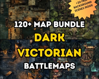 Paquete de más de 120 mapas de batalla de la época victoriana oscura, mazmorras y dragones, juego de rol, ISO, alto nivel de detalle, terrenos variados, campaña de Inglaterra, vista aérea superior.