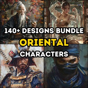 Puede incluir: Un paquete de arte digital con más de 140 diseños de personajes orientales. La imagen muestra cuatro personajes diferentes: un hombre barbudo con una túnica blanca, una mujer con un vestido blanco, un guerrero samurái y un hombre enmascarado. El texto "140+ DESIGNS BUNDLE ORIENTAL CHARACTERS" se muestra en letras amarillas sobre un fondo negro.