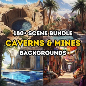 Puede incluir: Una ilustración digital de cuatro escenas que representan un paisaje desértico con una piscina de agua, un pozo de piedra, un mercado con toldos coloridos y un patio con una piscina. El texto "180+ SCENE BUNDLE CAVERNS & MINES BACKGROUNDS" se muestra en letras amarillas.