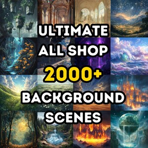 Puede incluir: Un collage de escenas de fondo de fantasía para arte digital y diseño. La imagen presenta una variedad de paisajes, incluyendo bosques, montañas, cascadas y castillos. El texto "Ultimate All Shop 2000+ Background Scenes" se muestra en el centro de la imagen.