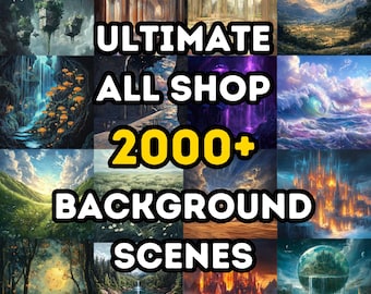 May include: A collage of fantasy background scenes for digital art and design. The image features a variety of landscapes, including forests, mountains, waterfalls, and castles. The text "Ultimate All Shop 2000+ Background Scenes" is displayed in the center of the image.