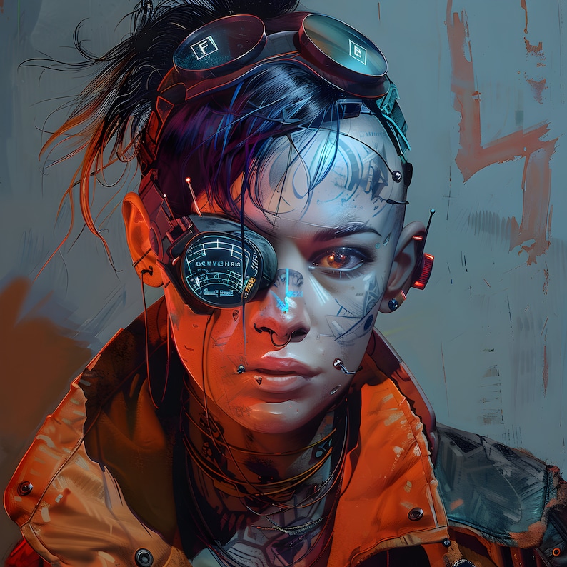 May include: Digital art portrait of a person with cybernetic enhancements. The person has a shaved head with dark hair, wearing goggles and a device over one eye. The skin has intricate tattoos and embedded wires, with a futuristic aesthetic.