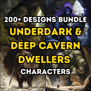 Może przedstawiać: Pakiet cyfrowych ilustracji z ponad 200 wzorami przedstawiającymi postacie z podziemi i głębokich jaskiń. Obraz przedstawia grupę fantastycznych stworzeń, w tym krasnoluda, gobliny i olbrzyma.