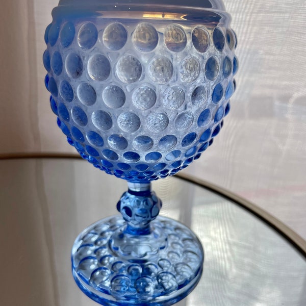 Imperial Blue Opalescent Footed Hobnail Ivy Ball Glass Vase