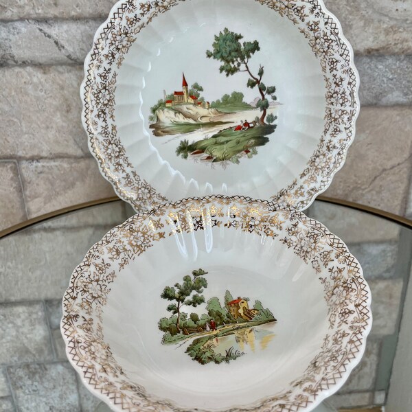 Vintage American Limoges Chateau France 22K Gold Filigree 8” Salad & 6” Soup Bowls (Set of 2)