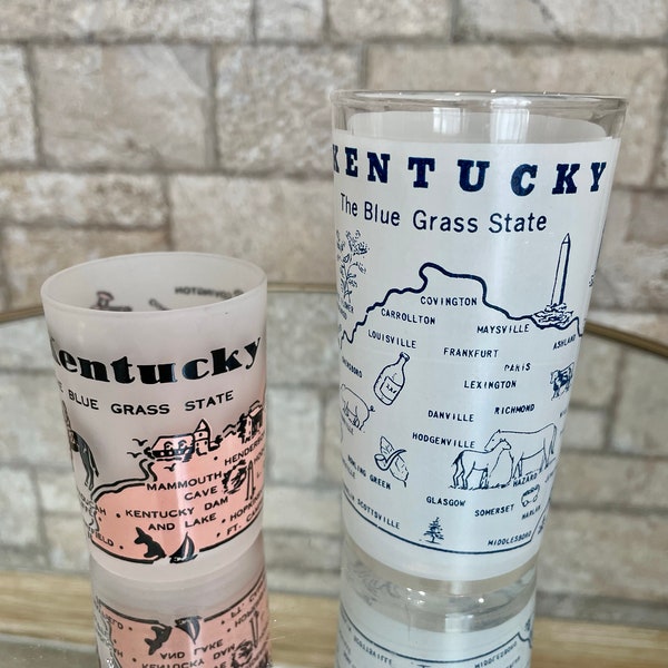 Vintage Hazel Atlas 1950's State of Kentucky Set of 2 Collectible/ Souvenir 5" Frosted & 3" Shot Glass