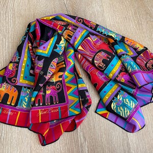 Laurel Burch “Fantastic Felines” 100% Silk Scarf 27” Square Multicolor Cats Vintage 1990’s