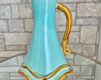 Vintage MCM Turquoise/ Tan Decorative 10" Ceramic Footed Vase/ Pitcher
