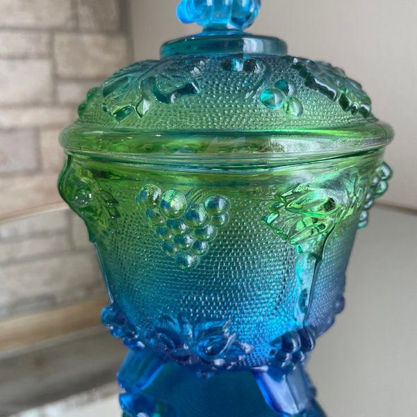 Carnival Jeanette Blue & Green Amberina Vintage Footed Candy Dish w/ Original Lid