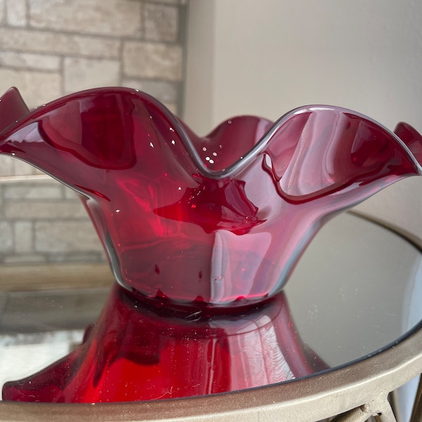 Blenko Vintage MCM Ruby Red Ruffle Glass Bowl