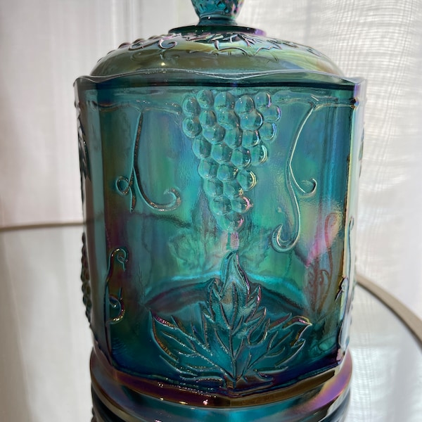 Carnival Blue Iridescent Glass Canister/ Cookie Jar with Original Lid Vintage Indiana Harvest Grape Vintage