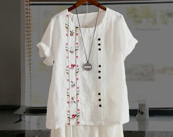 5XL Fashion Flower Embroidery Cotton Linen Shirt, Casual Summer Women's O-neck Short Sleeve White Pullover Top, Elegant Street Blouse