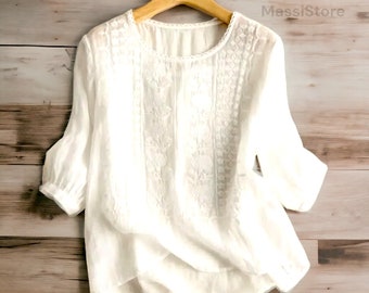 Women's Casual Summer Shirts, Elegant Sleeve Work Tops, Loose Cotton Blouses with Floral Embroidery