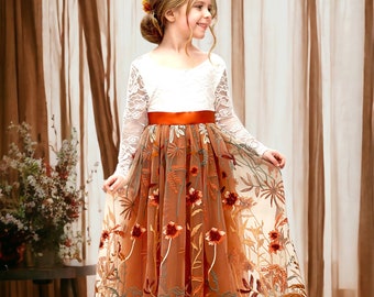 Boho Rustic Floral Flower Girl Dress, Burnt Orange Tulle & Lace, Unique Flower Girl Attire