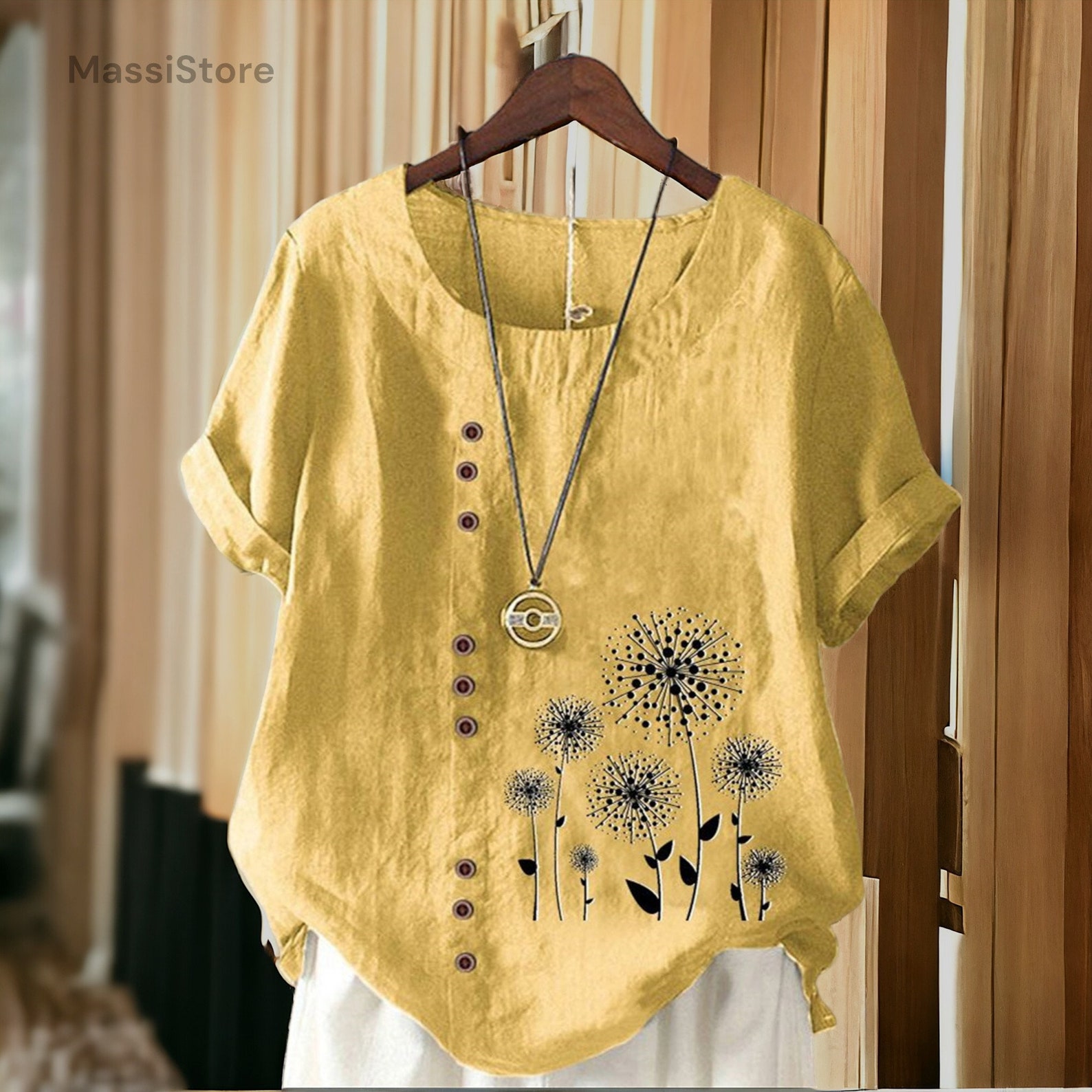 Vintage Apricot Embroidered Linen Long Shirt Summer