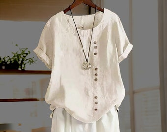 Linen Elegance, Short-Sleeved Ballet, Loose Cotton Serenade. Casual Bliss for Women in Summer's Oversized Top, Comfortable and Chic Apparel