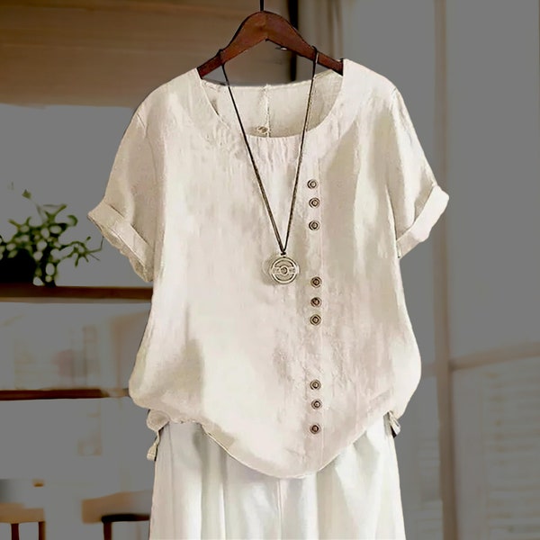 Linen Elegance, Short-Sleeved Ballet, Loose Cotton Serenade. Casual Bliss for Women in Summer's Oversized Top, Comfortable and Chic Apparel