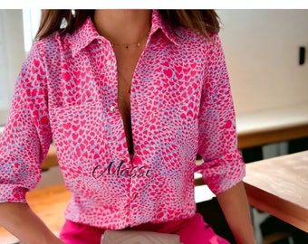 Pink Heart Printed Long Sleeve Fashion Shirt, Women's Button Down Shirt for Nightclubs and Casual Wear