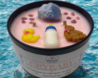 Crybaby Candle – Inner Child Healing, Melanie Martinez Inspired, Blue Calcite, Pink Tourmaline, Strawberry Milk Scented