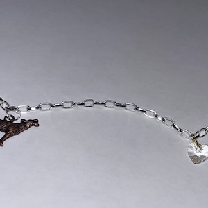 May include: A silver chain bracelet with a bronze wolf charm and a clear crystal heart charm.