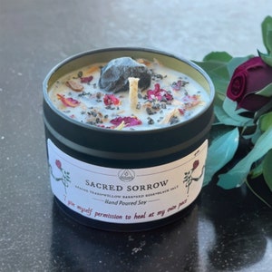 SACRED SORROW Grief & Loss Support Soy Intention Candle, Raw Apache Tear, Sympathy Support Gift