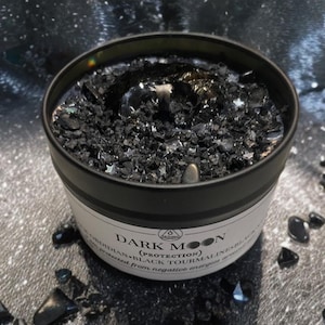 Dark Moon- Protection Candle, Hex Breaking, Banishing, Obsidian, Black Tourmaline, Black Candle Magic Soy Wax