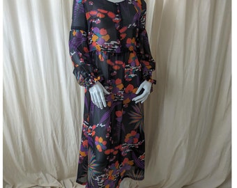 70s vintage | black floral maxi dress | size large | see-through dress