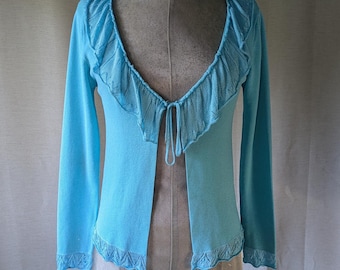 blue knit tie up cardigan | lace details | size small - medium