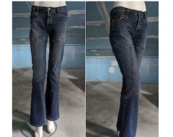 Y2K de la década de 2000, Moda mujer de Blue One, Vaqueros azules acampanados con corte de bota, Talla pequeña, Vaqueros de tiro medio, Denim