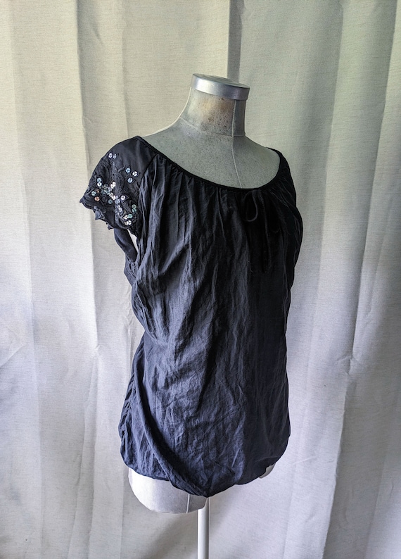 vintage | black summer top | size large - extra large | cotton silk blend | lace & sequins | Made in Italy