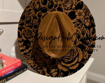 Diseño de sombrero con tatuaje floral: ala ancha, archivo grabado a mano y láser